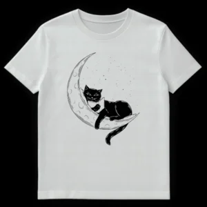 Black cat reading a book while reclining on a crescent moon, with star speckles in the background, monochromatic art style. on White t-shirt