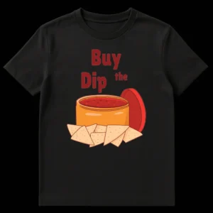 Humorous 'Buy Dip the' t-shirt design featuring a cartoon salsa bowl with tortilla chips, referencing the 'Buy the Dip' investment strategy. on Black t-shirt