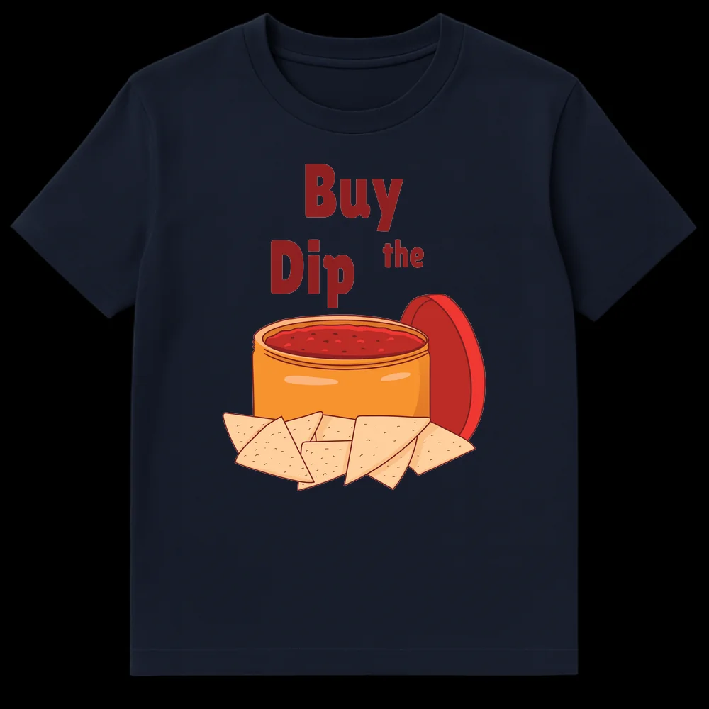 Humorous 'Buy Dip the' t-shirt design featuring a cartoon salsa bowl with tortilla chips, referencing the 'Buy the Dip' investment strategy. on Navy Blue t-shirt
