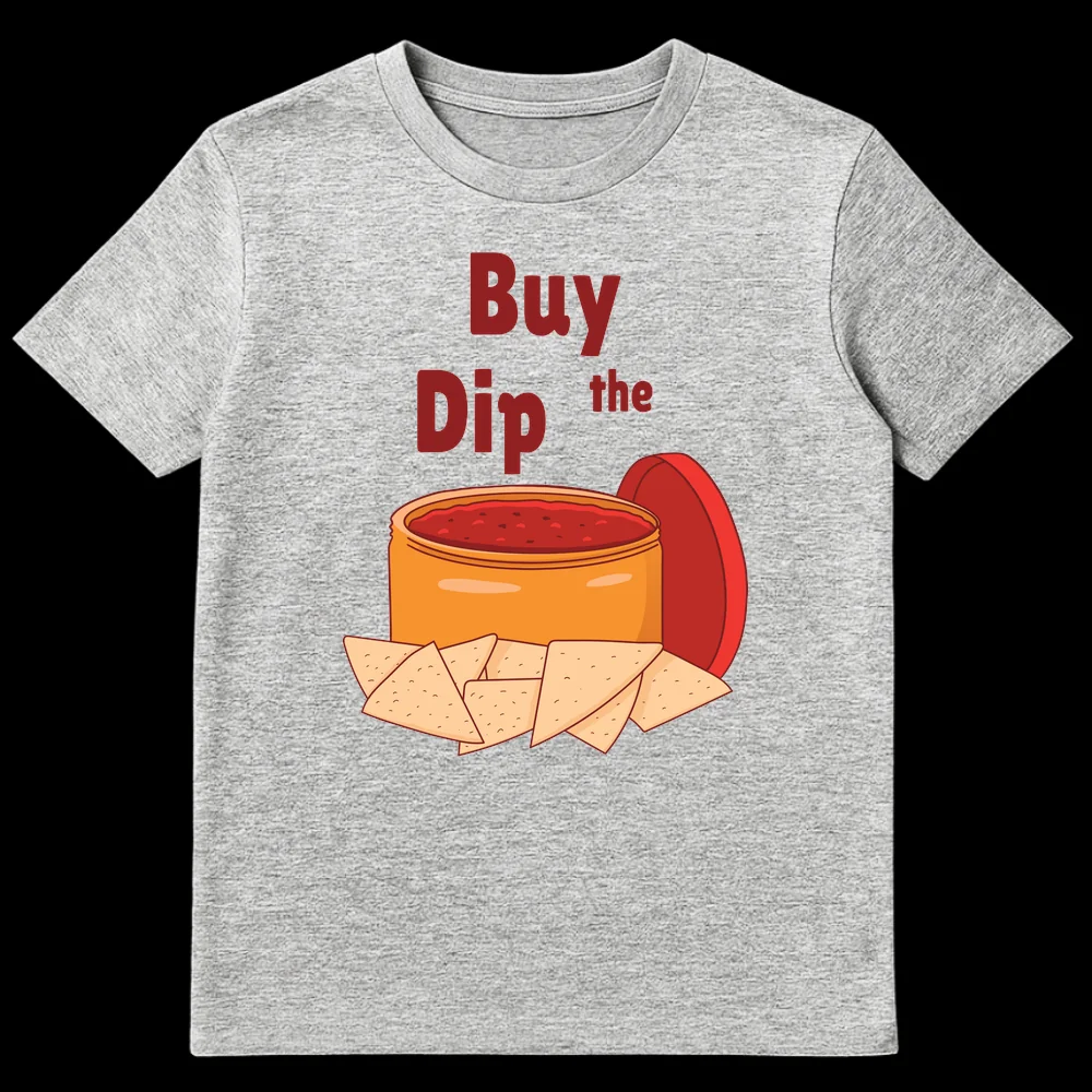 Humorous 'Buy Dip the' t-shirt design featuring a cartoon salsa bowl with tortilla chips, referencing the 'Buy the Dip' investment strategy. on Sports Grey t-shirt