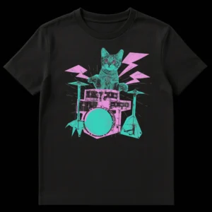 Retro Drummer Cat Rocker T-Shirt with 80s Synthwave Style, Teal and Pink Hues, Drum Kit and Balalaika Instrument on Black t-shirt