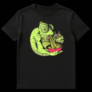 Cartoon lime green chameleon slurping yellow ramen noodles from a pink bowl with orange chopsticks, on a black background on Black t-shirt