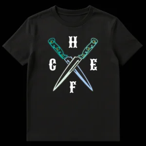 Chef t-shirt with crossed kitchen knives and letters H C E F spelling CHEF in a neo-traditional tattoo style on Black t-shirt