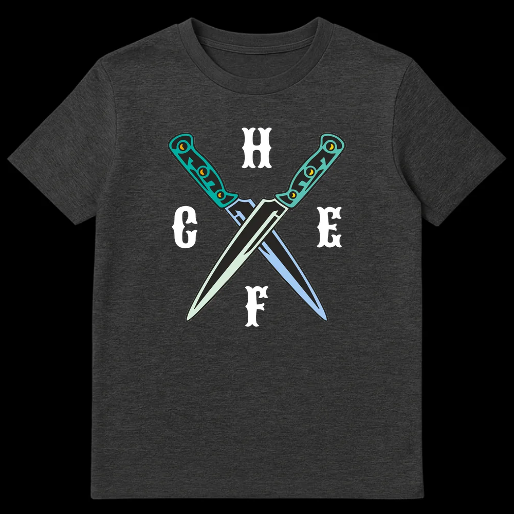 Chef t-shirt with crossed kitchen knives and letters H C E F spelling CHEF in a neo-traditional tattoo style on Dark Heather t-shirt