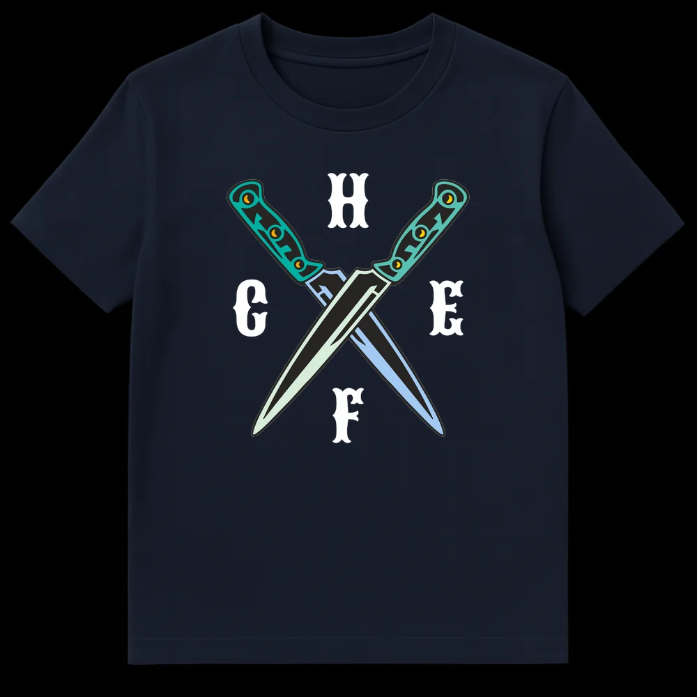 Chef t-shirt with crossed kitchen knives and letters H C E F spelling CHEF in a neo-traditional tattoo style on Navy Blue t-shirt