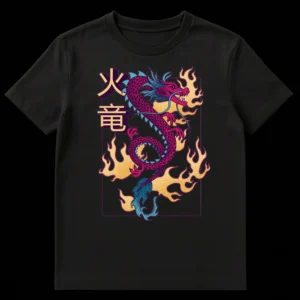Vibrant Fire Dragon T-Shirt with Chinese characters '火龍' (Huǒ Lóng) depicting a powerful magenta and teal dragon breathing golden flames on a black background. on Black t-shirt