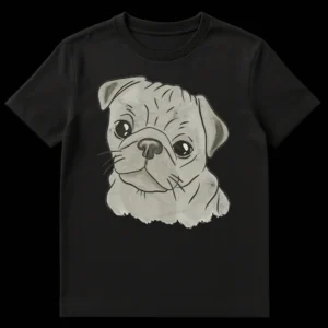 Distressed pug dog face illustration in grunge style on a black t-shirt, for pug lovers. on Black t-shirt