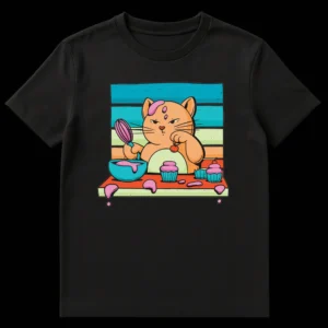 Grumpy orange cat baking cupcakes, holding a whisk and cherry, surrounded by messy pink frosting and cupcakes on a red table, against a vibrant striped background. T-shirt is black. on Black t-shirt