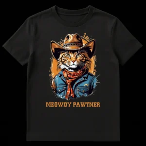 MEOWDY PAWTNER t-shirt with a cartoon anthropomorphic cat wearing a cowboy hat, bandana, and denim jacket on an orange splattered background on Black t-shirt