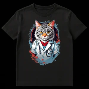 Vibrant cartoon t-shirt design featuring an anthropomorphic cat dressed as a doctor with a lab coat and stethoscope, set against a dynamic blue and red ink splatter background. on Black t-shirt