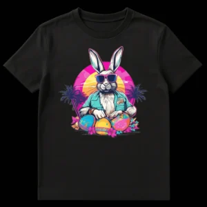 Cool Easter Bunny wearing sunglasses and Hawaiian shirt with synthwave sunset and Easter eggs on Black t-shirt