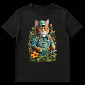 Whimsical tabby cat wearing a teal gardening hat and overalls, holding shears, surrounded by colorful flowers and green foliage on a black t-shirt. on Black t-shirt