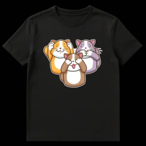 Three cute cartoon cats depicting 'hear no evil, see no evil, speak no evil' in orange, brown, and purple with white outlines on a black background. on Black t-shirt