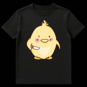 Chibi chick holding a knife t-shirt design, cute but dangerous meme, internet humor apparel on Black t-shirt