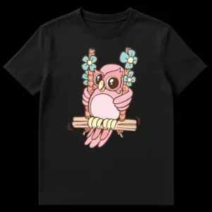 Cute pink cartoon owl swinging on a wooden swing with blue flowers against a black background. Whimsical animal design. on Black t-shirt