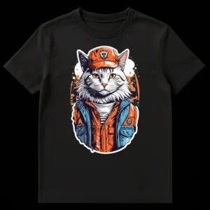 Edgy Street Style Cat T-Shirt with anthropomorphic cat in orange cap and jacket, graffiti background on Black t-shirt
