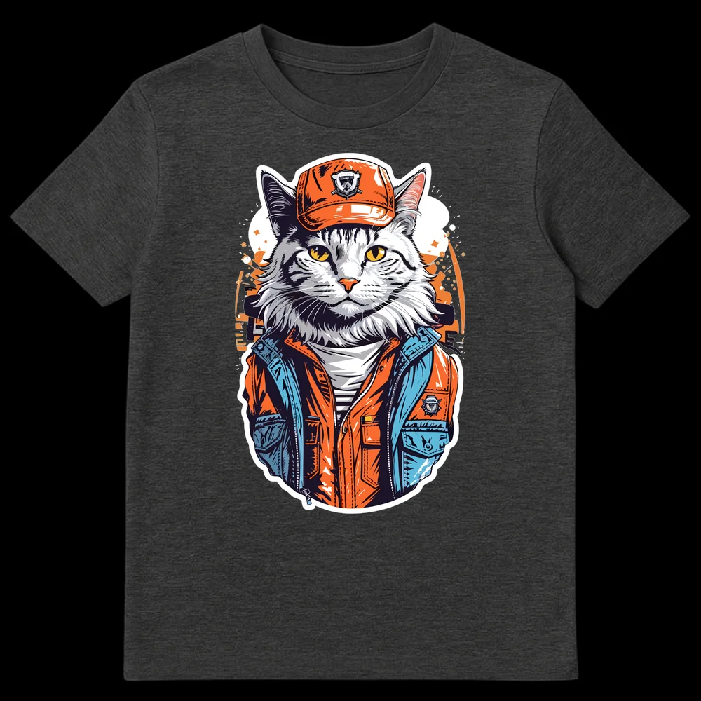 Edgy Street Style Cat T-Shirt with anthropomorphic cat in orange cap and jacket, graffiti background on Dark Heather t-shirt