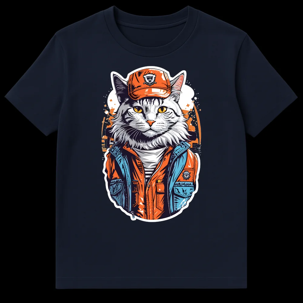 Edgy Street Style Cat T-Shirt with anthropomorphic cat in orange cap and jacket, graffiti background on Navy Blue t-shirt