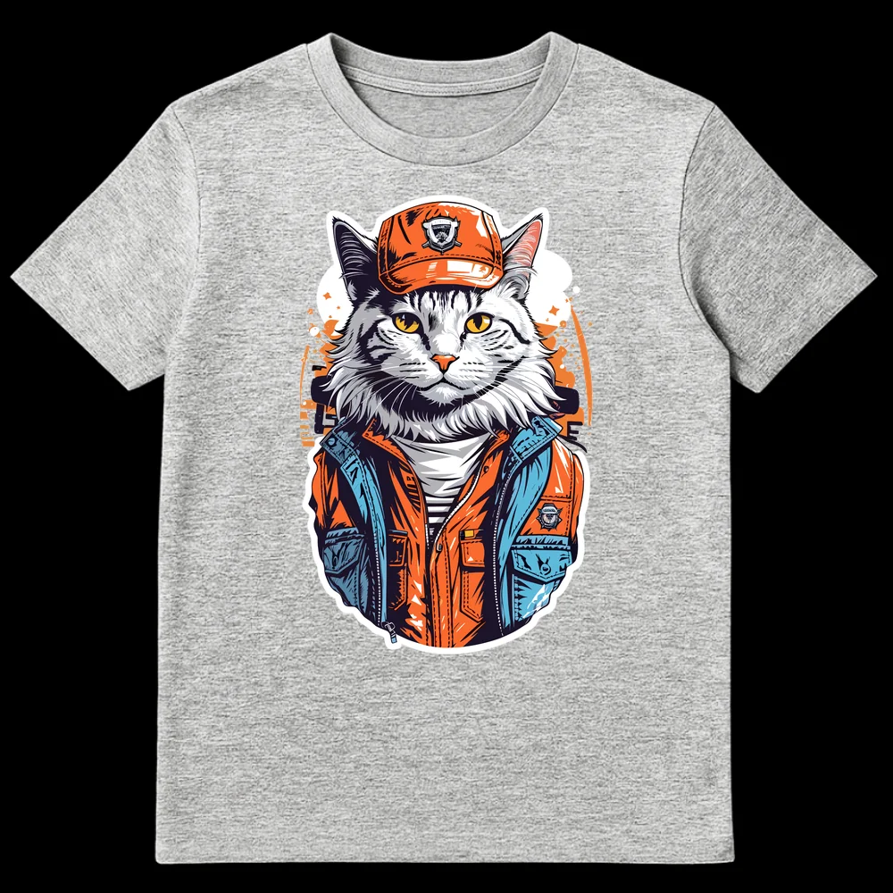 Edgy Street Style Cat T-Shirt with anthropomorphic cat in orange cap and jacket, graffiti background on Sports Grey t-shirt
