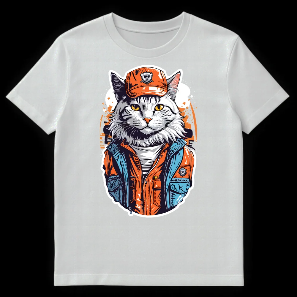 Edgy Street Style Cat T-Shirt with anthropomorphic cat in orange cap and jacket, graffiti background on White t-shirt