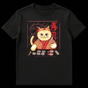 Cartoon t-shirt design of an intense anthropomorphic cat sushi chef preparing sushi with a knife, with Japanese kanji for sushi and a red fish outline in the background. on Black t-shirt