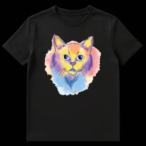 Watercolor Cat Face T-Shirt with vibrant yellow, orange, purple, and blue hues and dark line art outlining a cat's head. on Black t-shirt