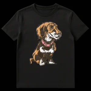 Textured semi-realistic illustration of a Wirehaired Dachshund dog with a pink collar on a black t-shirt. on Black t-shirt