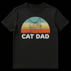 Vintage distressed 'CAT DAD' t-shirt with sketchy cat head and retro striped background on Black t-shirt