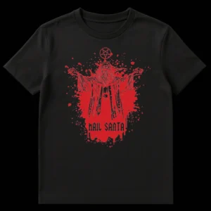 HAIL SAATA! T-Shirt with black metal style robed figure, inverted pentagram, and red blood splatter. on Black t-shirt
