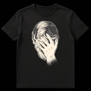 Vintage style t-shirt design showing a human head in profile with a hand covering the face, depicting a facepalm gesture with distressed texture on a black background. on Black t-shirt