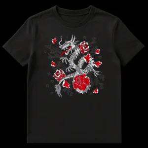 Eastern Dragon and Blossom T-Shirt design featuring a grey dragon with red accents intertwined with red roses or peonies and subtle cherry blossoms on a black background, in a tattoo art style. on Black t-shirt