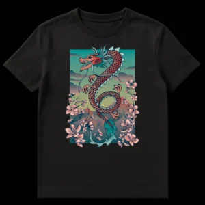 East Asian Dragon and Cherry Blossom t-shirt design with a red serpentine dragon, teal mane, and pink sakura flowers against a mountain and cloud background. on Black t-shirt