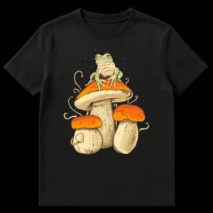Detailed illustration of a green frog on orange cap mushrooms with swirling tendrils, set against a black background, representing a whimsical woodland aesthetic. on Black t-shirt