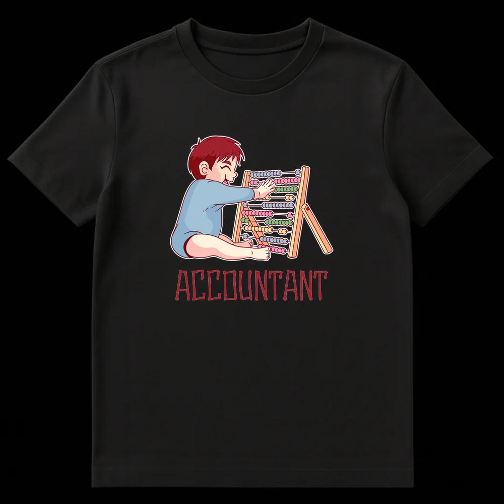 Cute chibi baby playing with abacus, below it the text 'ACCOUNTANT' on a black t-shirt. on Black t-shirt