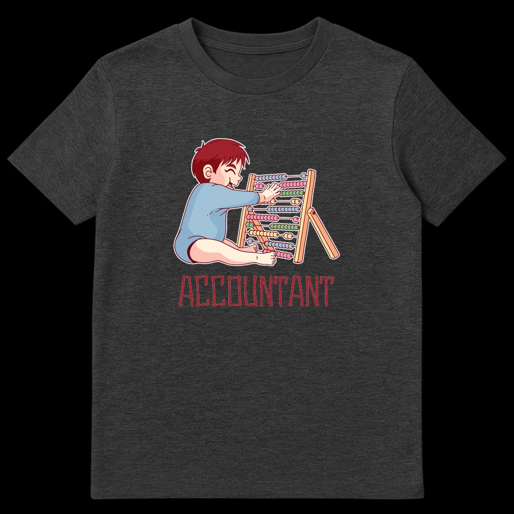 Cute chibi baby playing with abacus, below it the text 'ACCOUNTANT' on a black t-shirt. on Dark Heather t-shirt