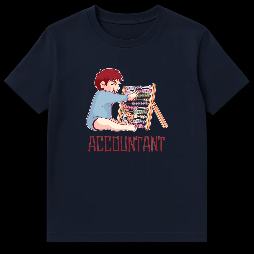 Cute chibi baby playing with abacus, below it the text 'ACCOUNTANT' on a black t-shirt. on Navy Blue t-shirt