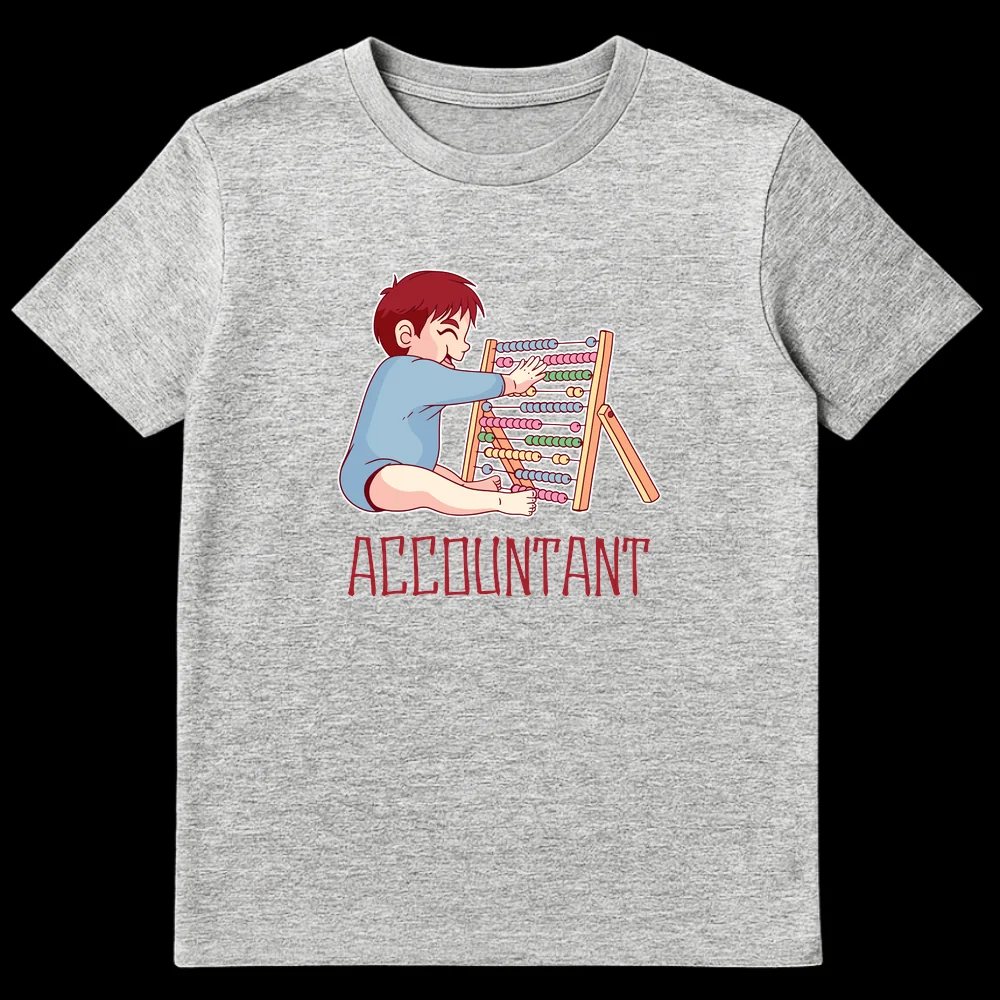 Cute chibi baby playing with abacus, below it the text 'ACCOUNTANT' on a black t-shirt. on Sports Grey t-shirt