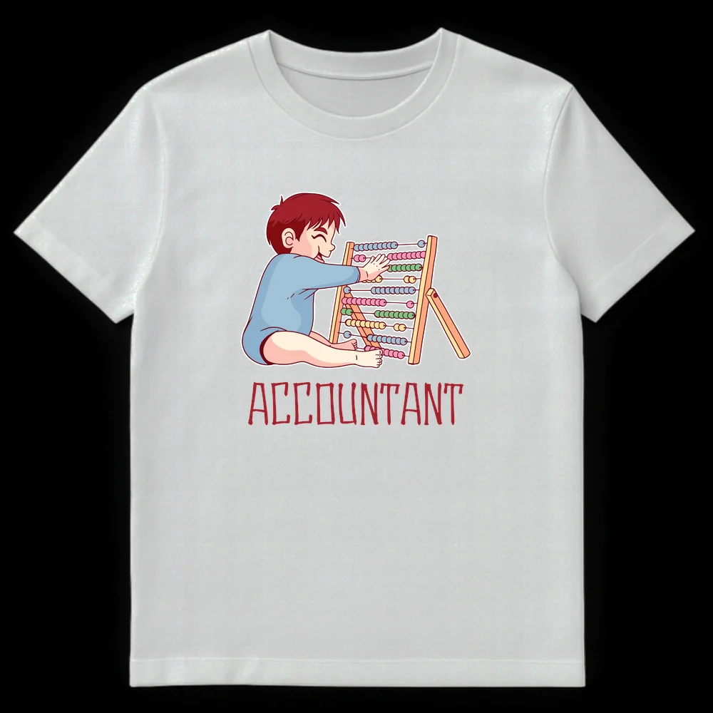 Cute chibi baby playing with abacus, below it the text 'ACCOUNTANT' on a black t-shirt. on White t-shirt