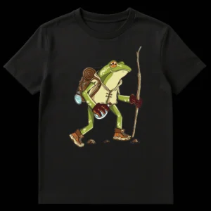 Whimsical Frog Adventurer T-Shirt with anthropomorphic frog, backpack, staff, and potions on a hike on Black t-shirt