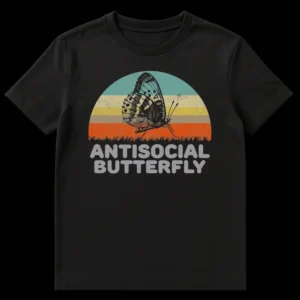 Antisocial Butterfly T-shirt with vintage distressed butterfly and sunset graphic on Black t-shirt