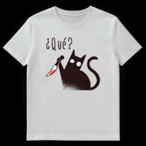 Dark humor cat t-shirt with wide-eyed cat holding a bloody knife and the text "¿Qué?" in a distressed cartoon style. on White t-shirt