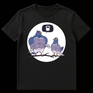 Muscular pigeon t-shirt design with a kettlebell in a thought bubble, next to a regular pigeon on a branch, in a white circular graphic on a dark background. on Black t-shirt