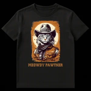 Gray tabby cat dressed as a cowboy with a hat, bandana, and vest, against a distressed Western background with text 'MEOWDY PAWTNER'. on Black t-shirt