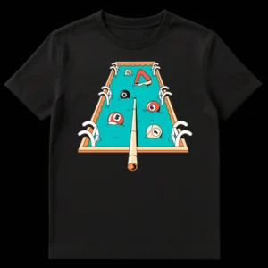 Billiards pool table depicted as a swimming pool with floating billiard balls and a cue stick, featuring a pool ladder and water ripples. on Black t-shirt
