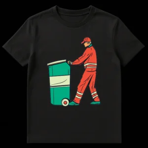 Stylized retro graphic of a sanitation worker pushing a teal and cream recycling bin on a black t-shirt on Black t-shirt
