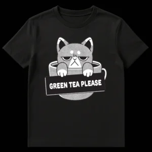 Grumpy cat in teacup holding "GREEN TEA PLEASE" sign, black and white minimalist cartoon t-shirt design on Black t-shirt