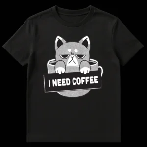 Grumpy cat in coffee cup holding I NEED COFFEE sign, black and white design on Black t-shirt