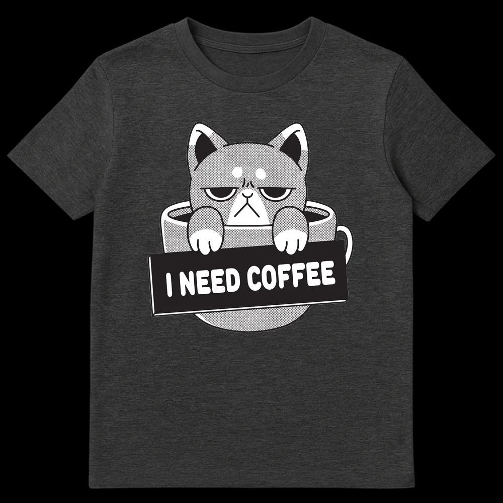 Grumpy cat in coffee cup holding I NEED COFFEE sign, black and white design on Dark Heather t-shirt