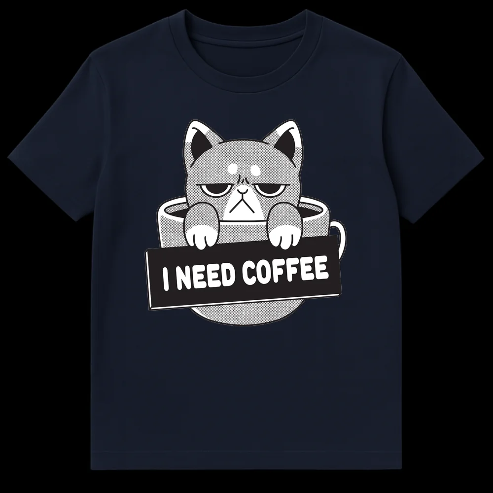 Grumpy cat in coffee cup holding I NEED COFFEE sign, black and white design on Navy Blue t-shirt