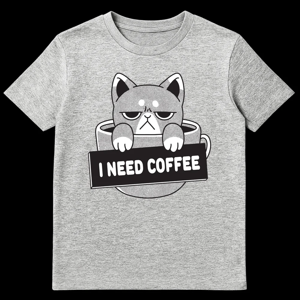 Grumpy cat in coffee cup holding I NEED COFFEE sign, black and white design on Sports Grey t-shirt